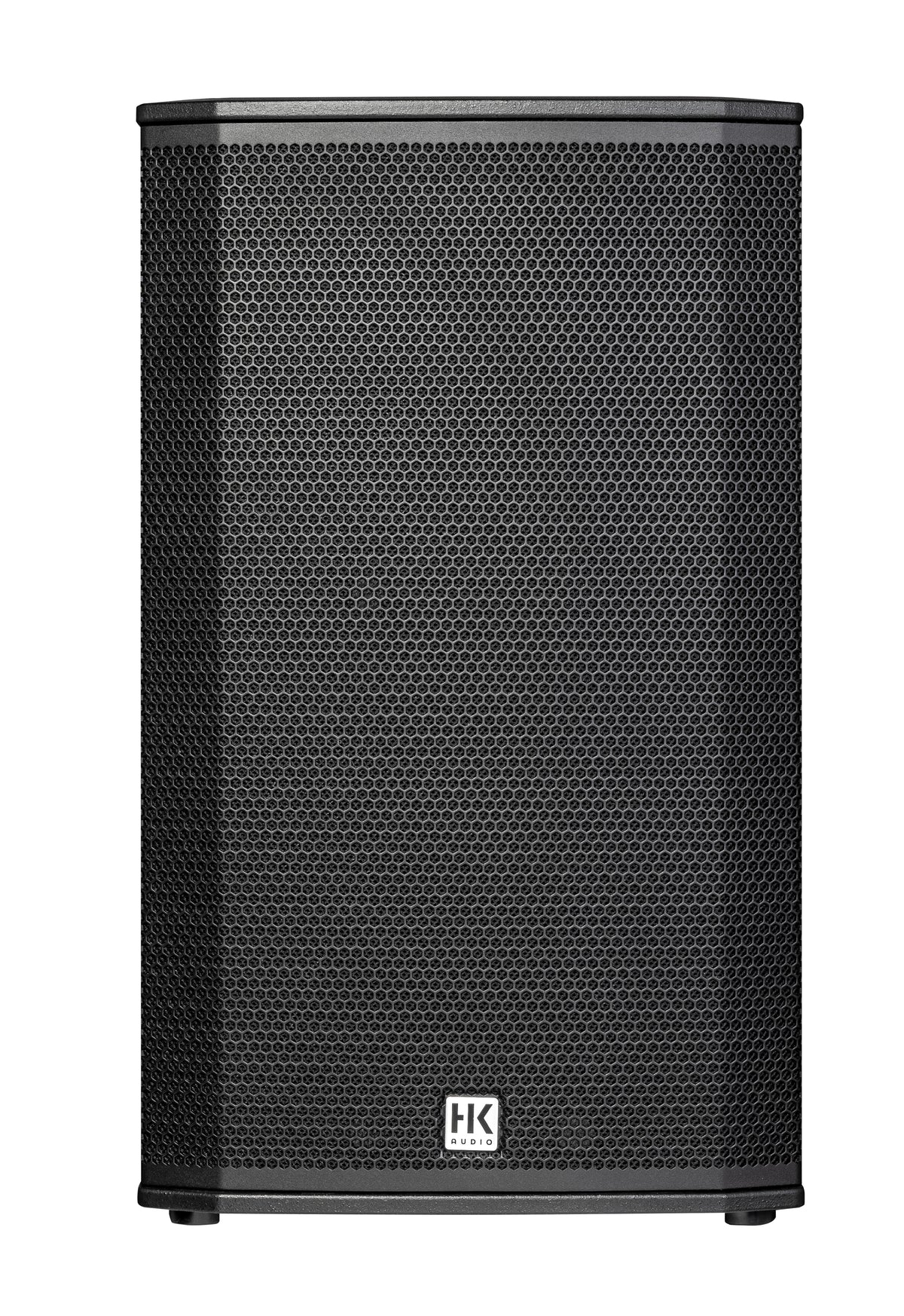 Front view of HK Audio Lunar 112 XA speaker from the LUNAR Series, showcasing the modern black design and control panel.