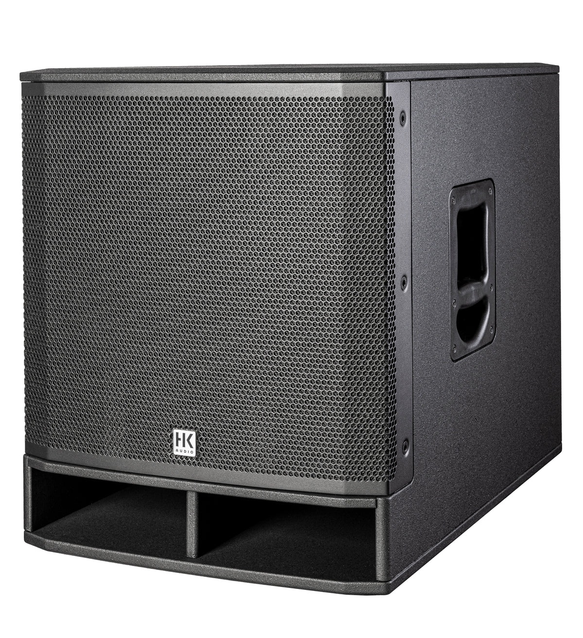 HK Audio LUNAR Series Portable Sub 118 A 700-Watt 18-inch active subwoofer with slanted design for powerful bass.