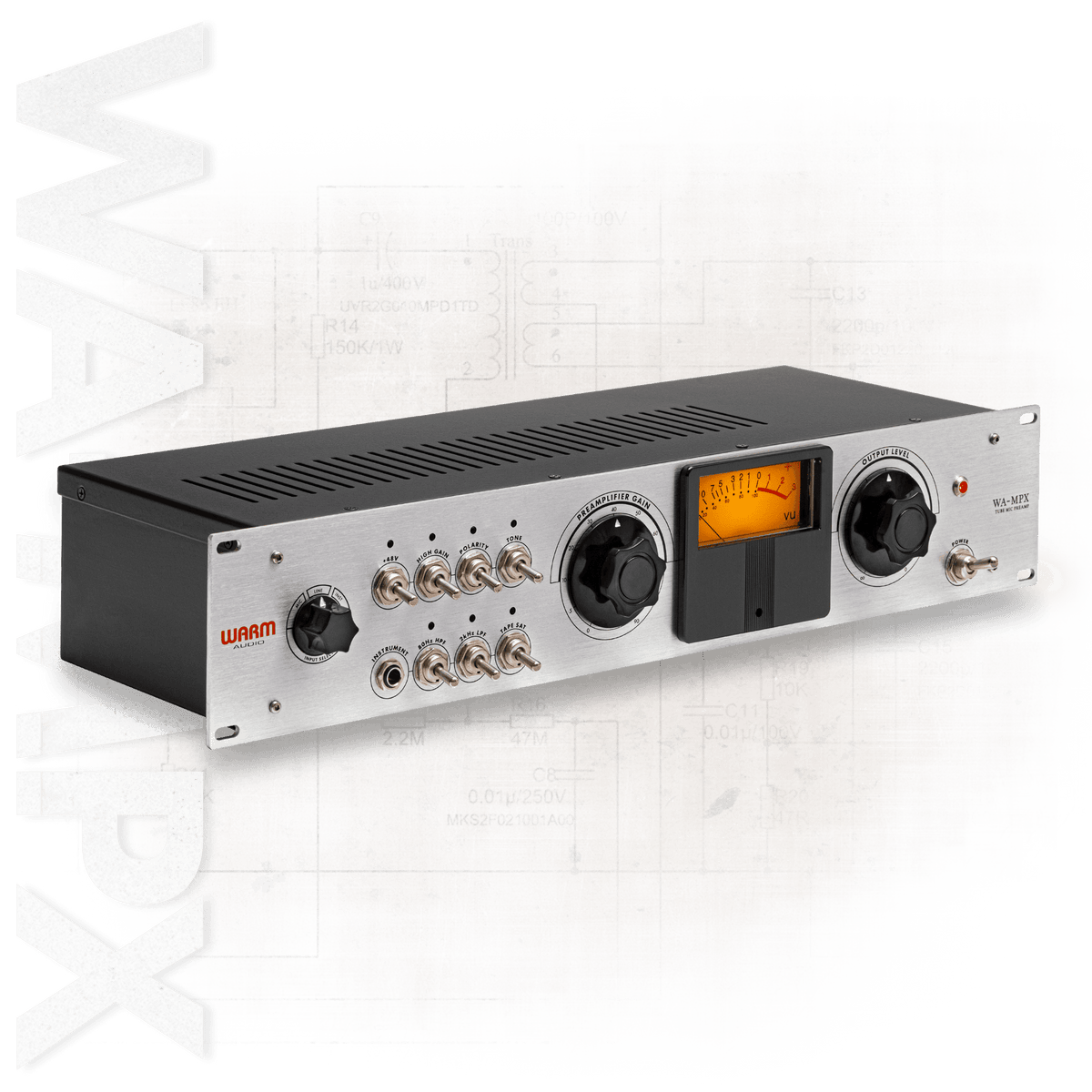 Warm Audio single-channel tube microphone preamp with vintage-style controls and input/output connections.
