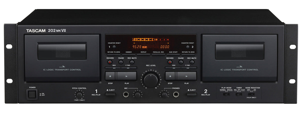 Tascam rackmount USB dual cassette deck, component media player and recorder with front controls and display.