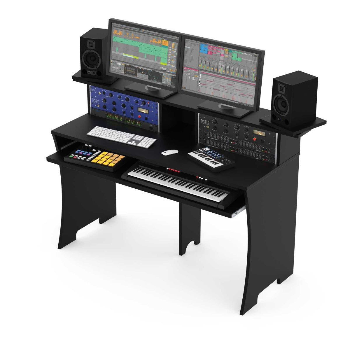 Black Glorious Production Station studio station with organized workspace and electronic equipment for music production.