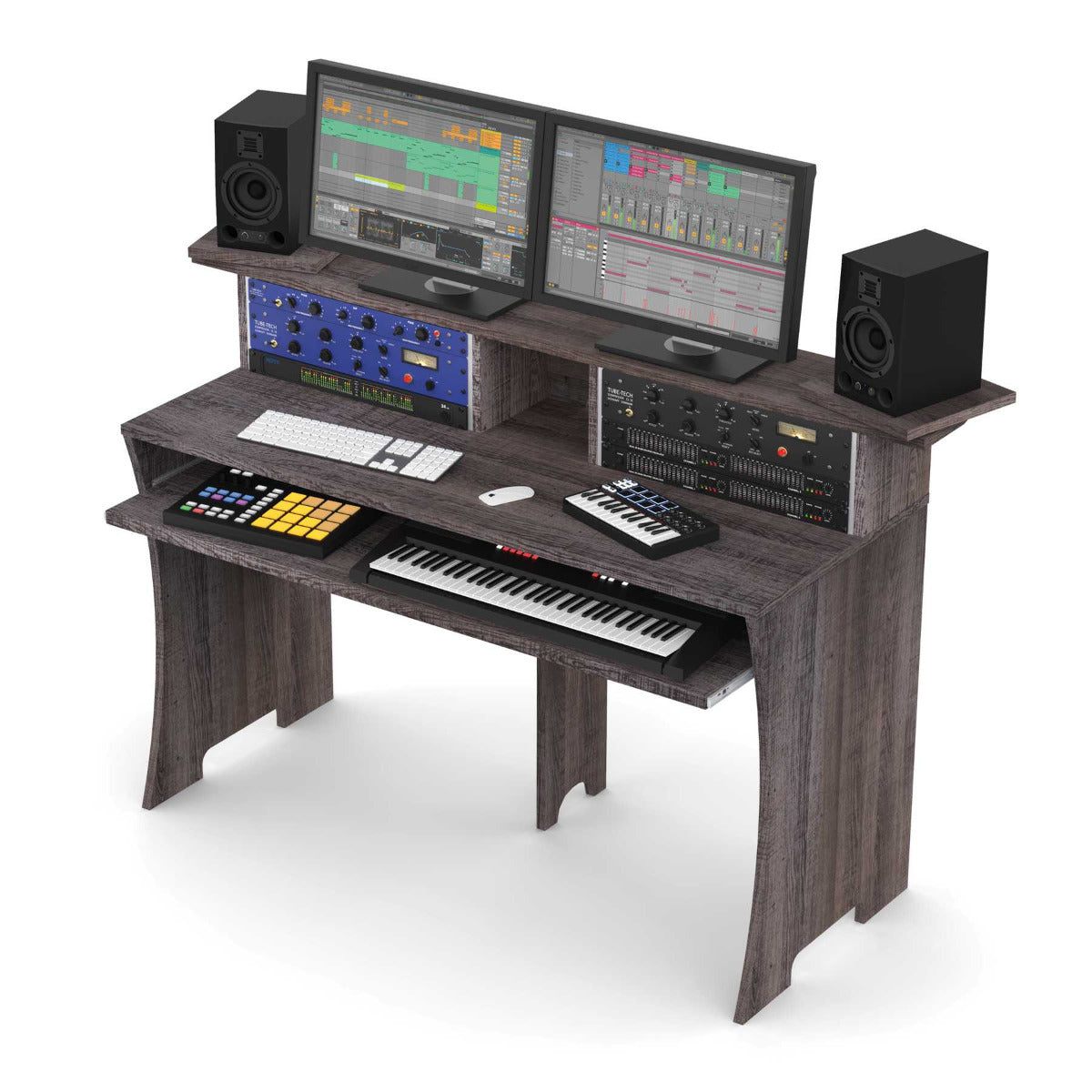 Glorious Production Station Driftwood studio station with wooden finish, featuring workspace and storage for music production gear.