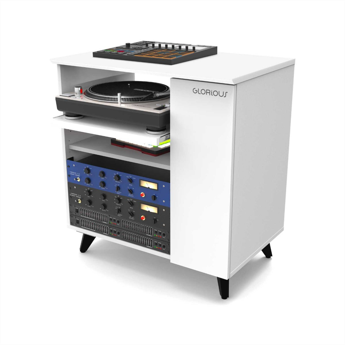 Glorious White Modular Studio Side Rack for studio stations, featuring multiple shelves and a sleek design.