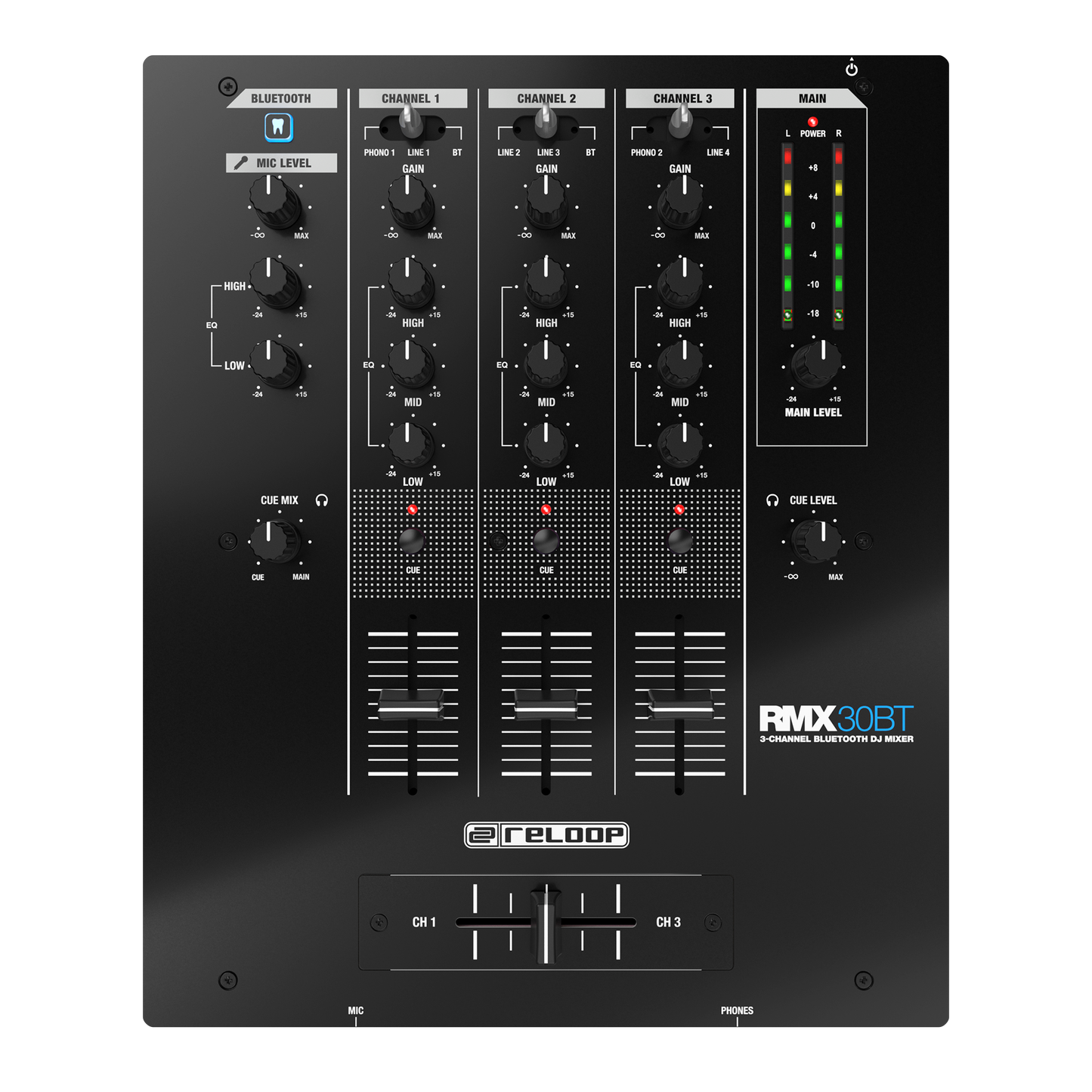 Reloop RMX-30BT 3-channel DJ mixer with built-in Bluetooth, featuring multiple control knobs and input/output ports.
