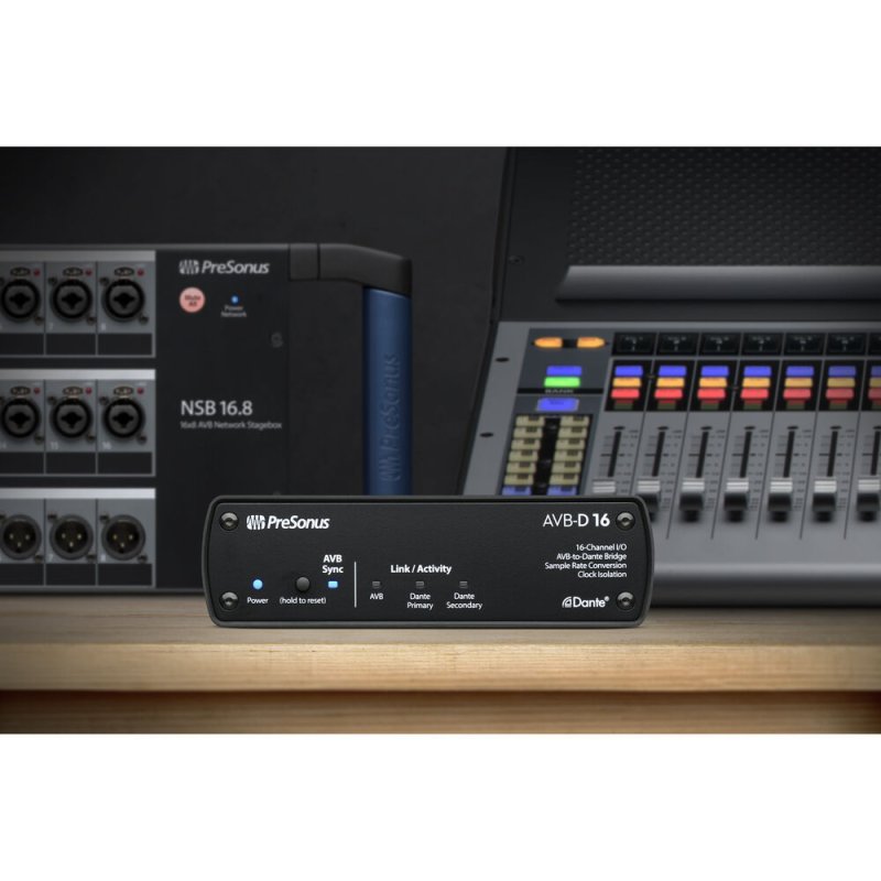 PreSonus Network Bridge 16x16 AVB-to-Dante stagebox with network switches and monitoring solutions, featuring multiple AVB and Dante ports.