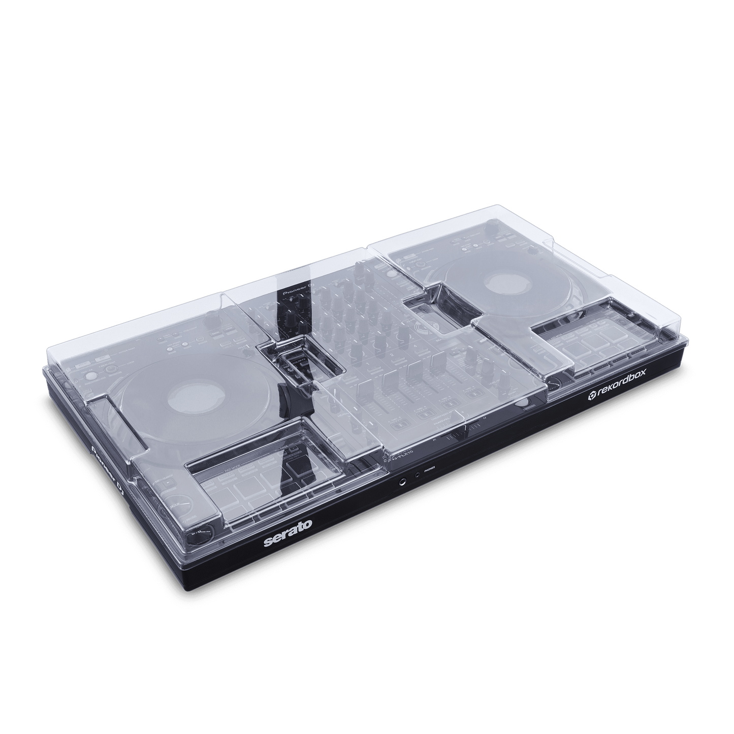 Decksaver cover for Pioneer DJ DDJ-FLX10 DJ controller, protective transparent plastic shield for safe transport and storage.