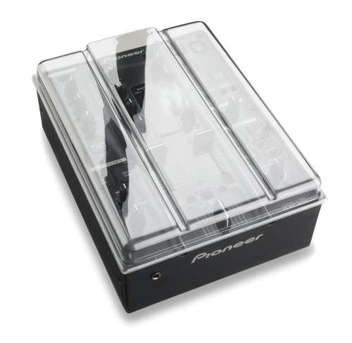 Decksaver Pioneer DJM-350 cover protecting a DJ mixer, made of durable, clear plastic for secure storage and transport.