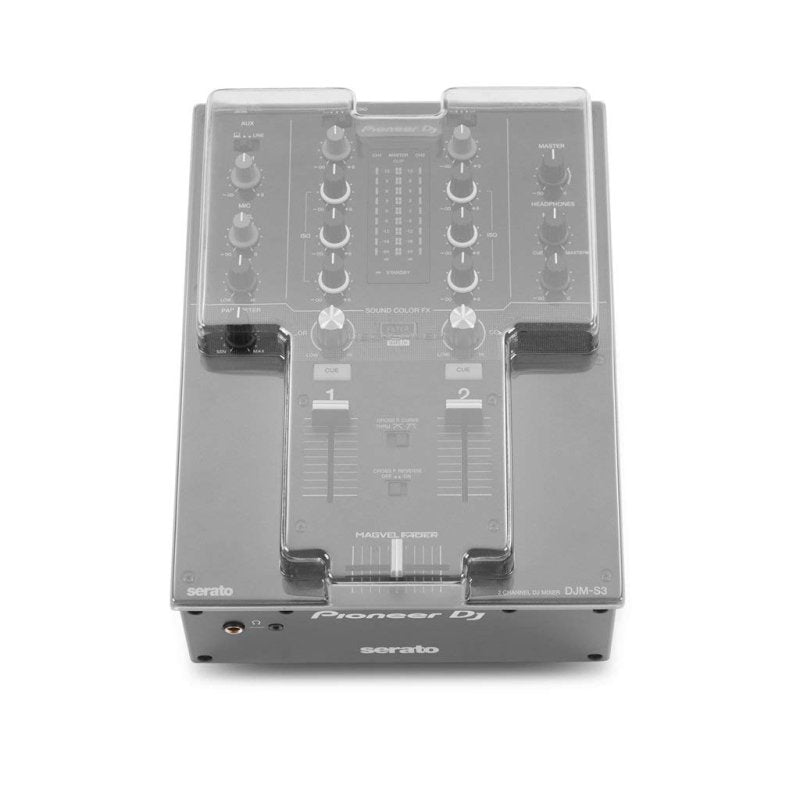 Decksaver smoked clear screen protector for Pioneer DJM-S3 DJ mixer, durable plastic cover protecting the device from dust and damage.