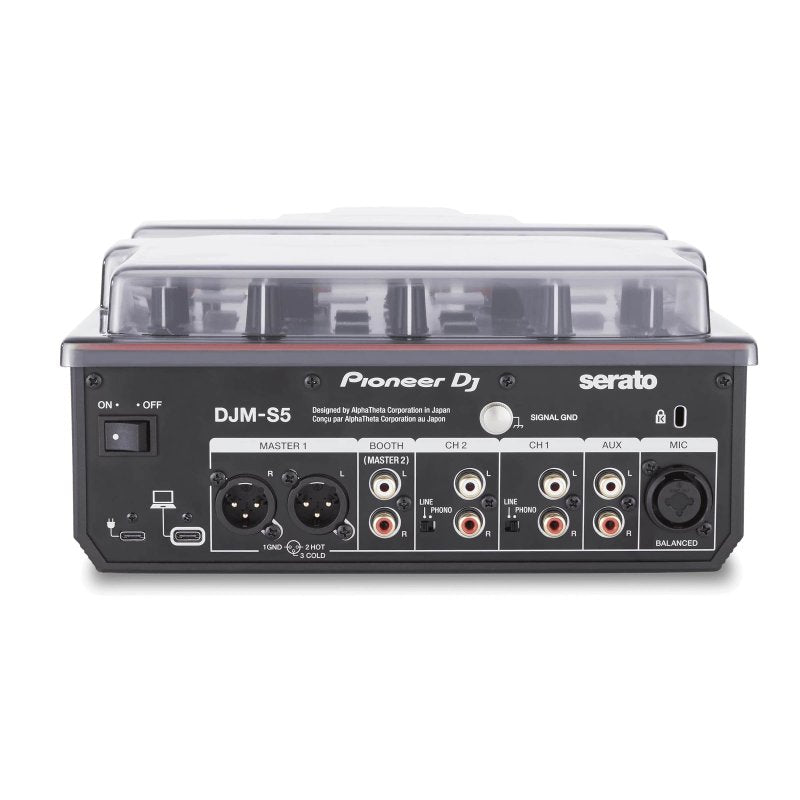 Decksaver cover for Pioneer DJ DJM-S5 mixer, clear protective plastic case with cutouts for controls and connectors.