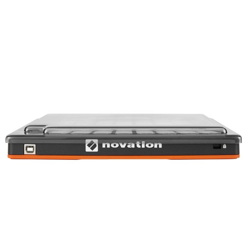 Decksaver Novation Launchpad cover for producer controllers, smoked and clear plastic protective case on a flat surface.