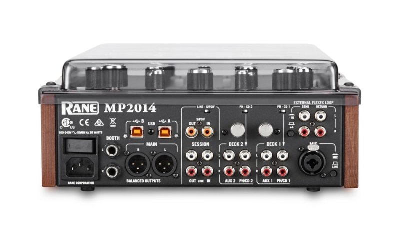 Decksaver Rane MP2014 DJ mixer cover in black, showing the protective plastic shell designed for Rane MP2014 mixer.