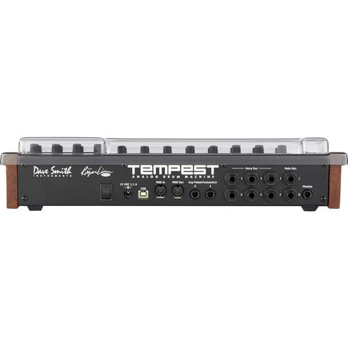 Decksaver cover for Dave Smith Instruments Tempest groovebox, smoked and clear plastic protective cover, shown on the device.