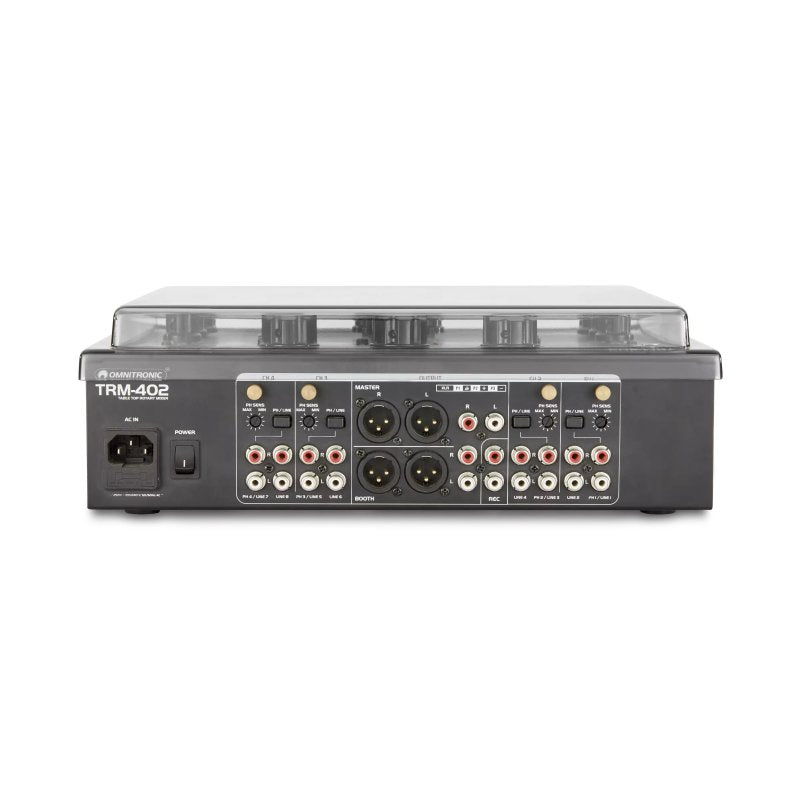 Decksaver cover for Omnitronic TRM-402 DJ mixer, clear protective plastic cover with precise fit and branding details.