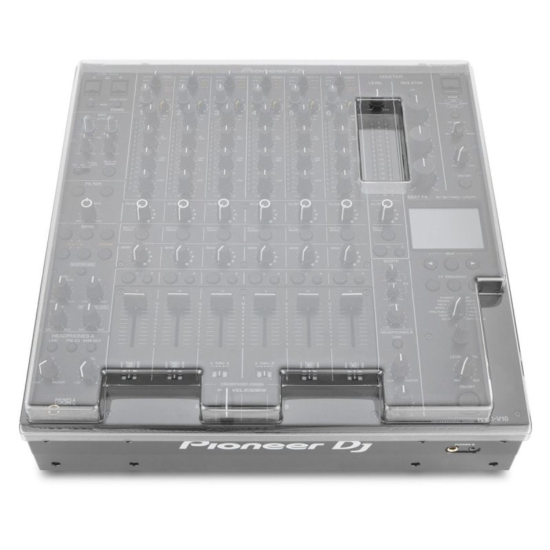 Decksaver Pioneer V10 DJ mixer cover showing black plastic protective case with clear branding, designed to fit Pioneer V10 DJ mixer