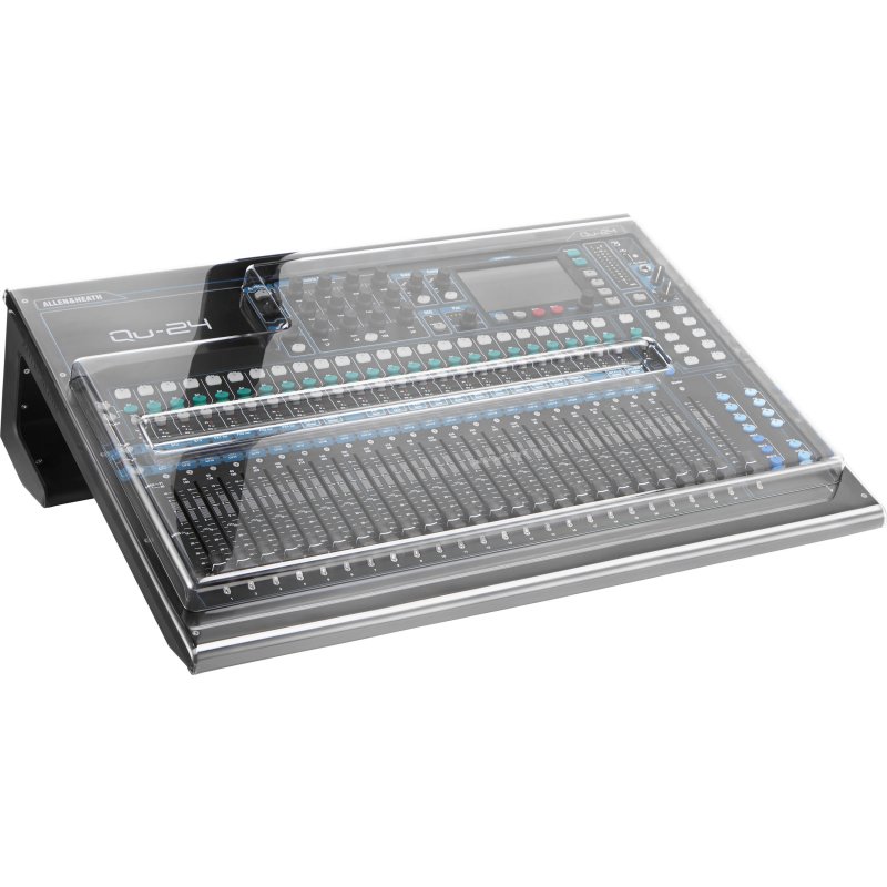 Decksaver cover for Allen & Heath QU-24 mixer, smoked and clear plastic protective cover for pro audio mixer equipment.
