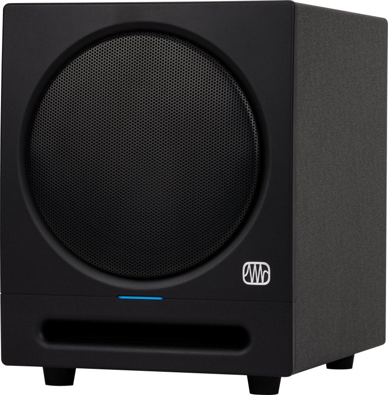 PreSonus 8-inch compact Bluetooth active studio subwoofer with front-firing design for clear bass in Eris monitors and subwoofer setup.