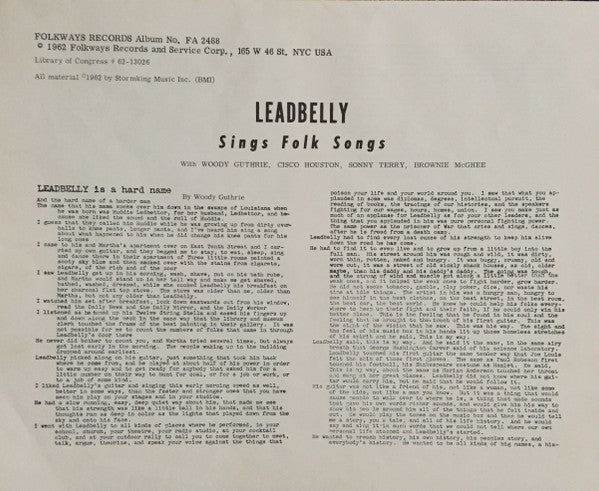 Leadbelly Sings Folk Songs Leadbelly