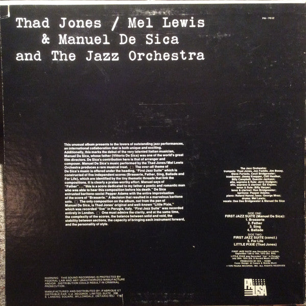 Thad Jones / Mel Lewis & Manuel De Sica And The Jazz Orchestra Thad Jones & Mel Lewis,Manuel De Sica,The Jazz Orchestra