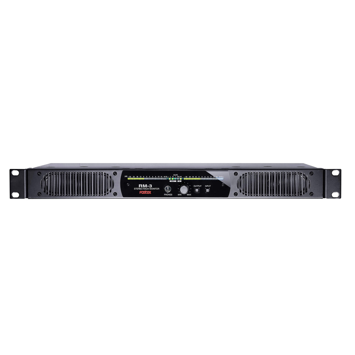 Fostex RM Series rack mount speaker system, model RM-3, showing the black speaker with mounting brackets and control panel.