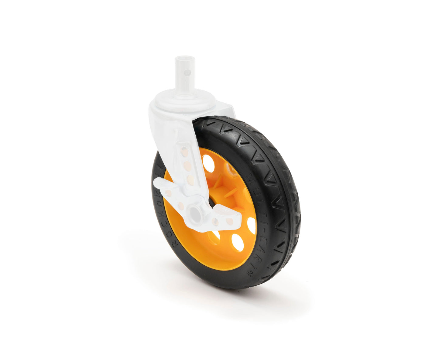 Pair of RockNRoller MultiCart R-Trac symmetrical wheels with yellow hubs, 8x2 inch caster wheels for R12 carts, 2-pack.