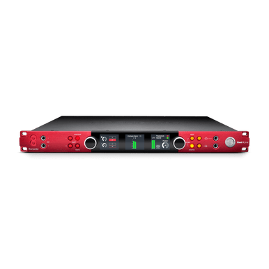 Focusrite Pro Red 8Line rackmount audio interface with Dante, HDX, Thunderbolt 3 connections, featuring multiple input and output ports.