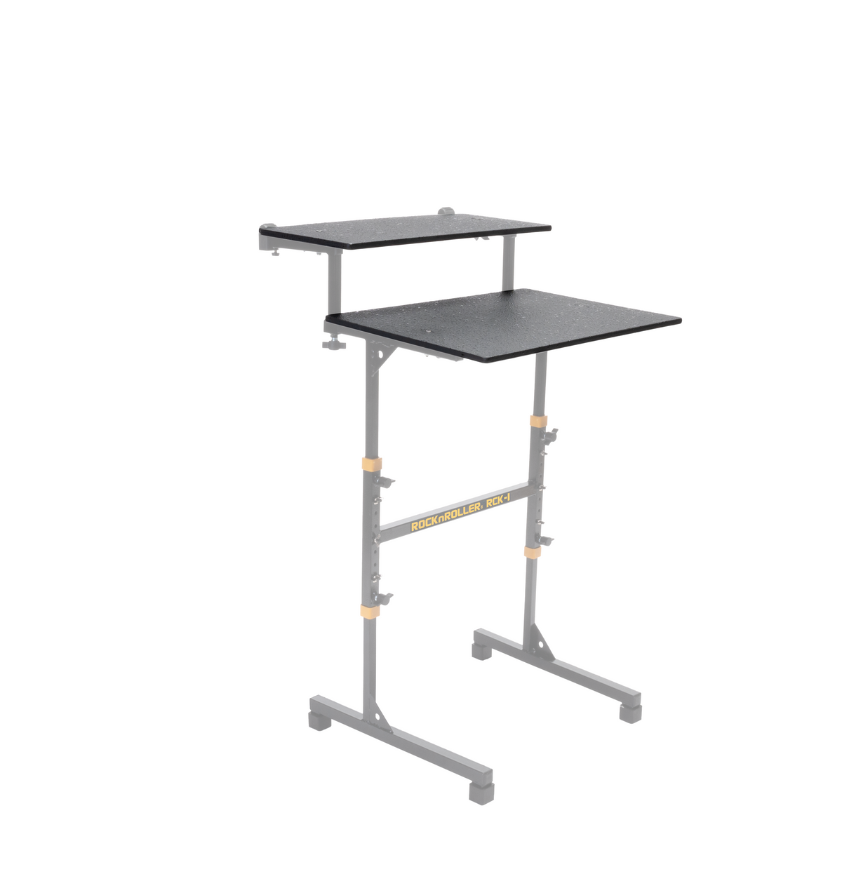 RockNRoller 2-tier shelf kit for RCK-1 keystand, showing sturdy metal shelves for organized music equipment storage.