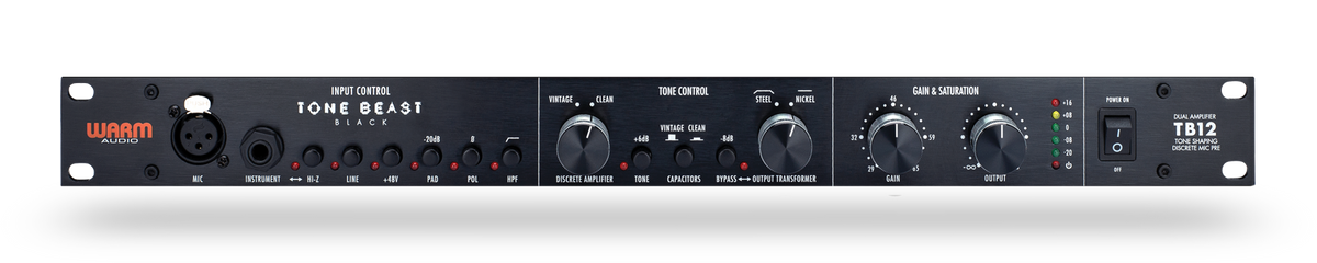 Warm Audio Tone Beast black solid state microphone preamp with tone shaping controls, shown in the TB12 image.