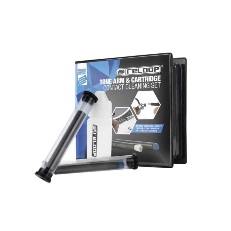 Reloop turntable tone arm and cartridge contact cleaner set, with cleaning tools and solution for maintaining audio equipment.