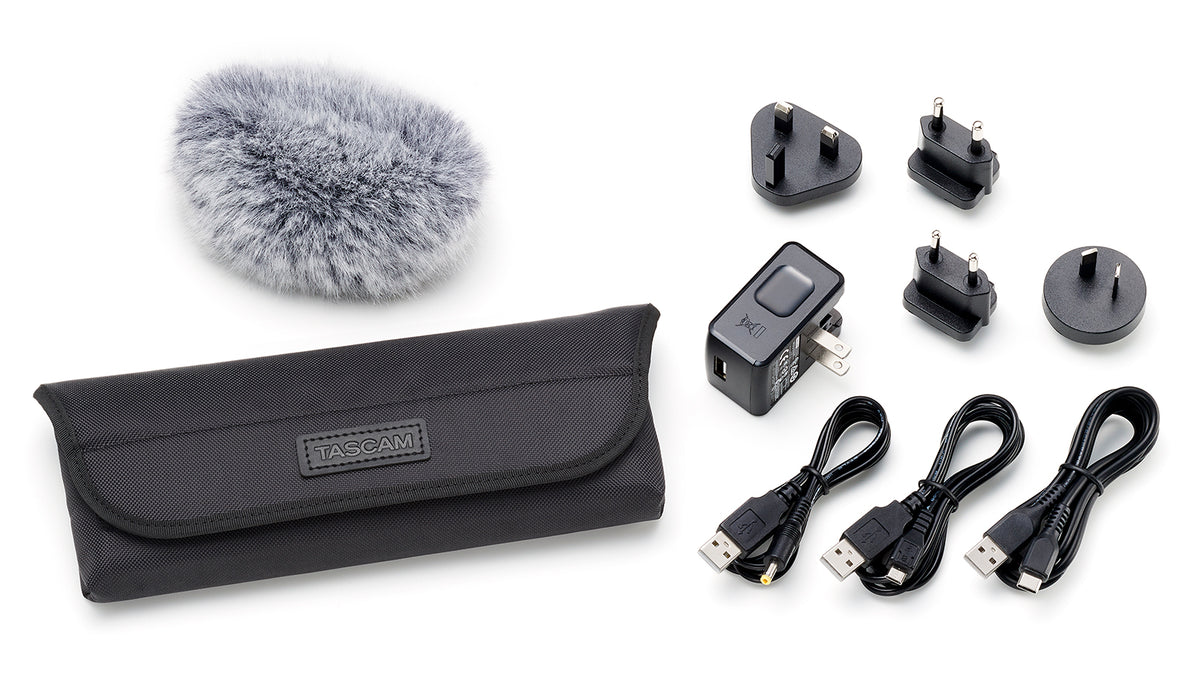 Tascam field accessory pack for DR series portable recorders, including microphone and audio accessories for on-the-go recording.