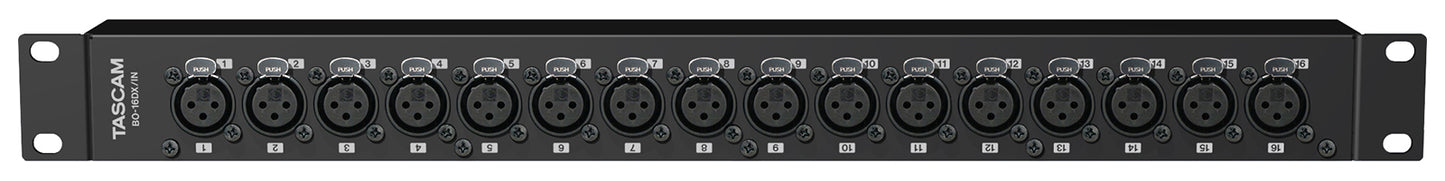 Tascam 16-channel D-Sub to XLRF breakout box for professional audio recording and equipment connection.