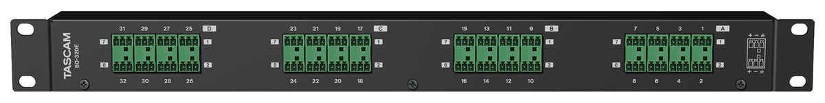 Tascam 32-channel DB25 to Euroblock I/O adapter in a rackmount for professional recorder setup.