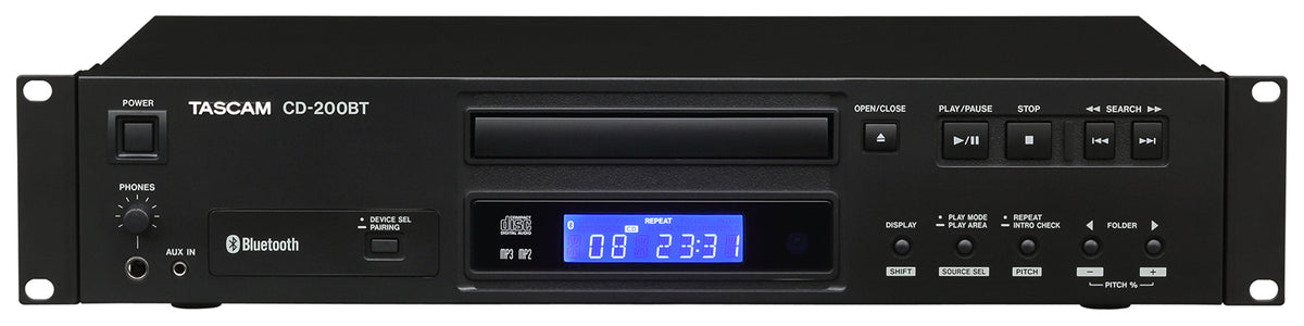 Tascam CD-200BT Bluetooth receiver and CD player component media recorder with front view and control panel.