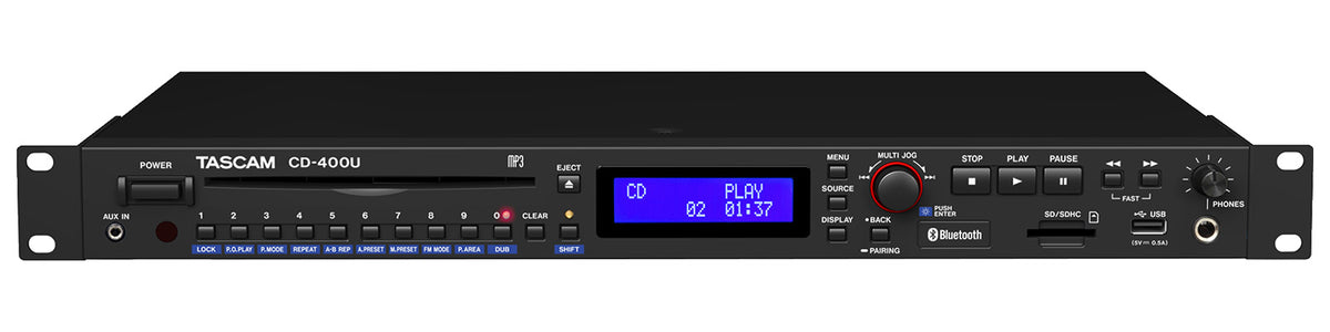 Tascam CD-400U professional CD/SD/USB player with Bluetooth and AM/FM tuner, front view showing controls and display.
