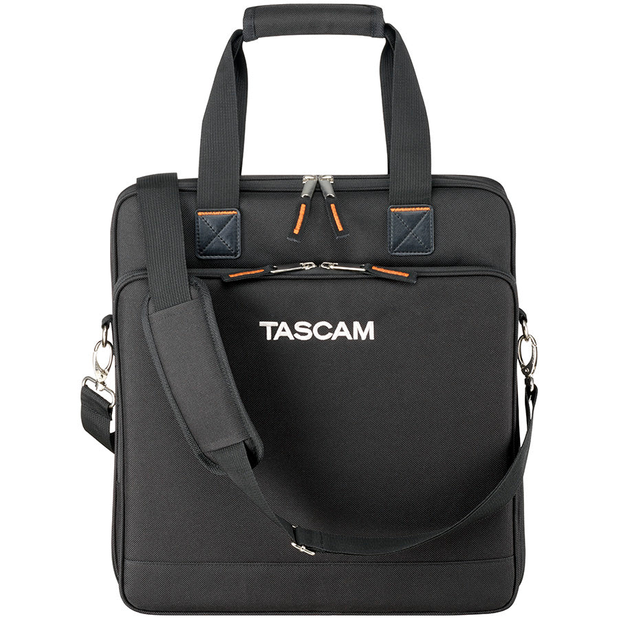 Tascam carrying bag designed for Model 12 mixer, with padded compartments and durable zippers for secure transport.
