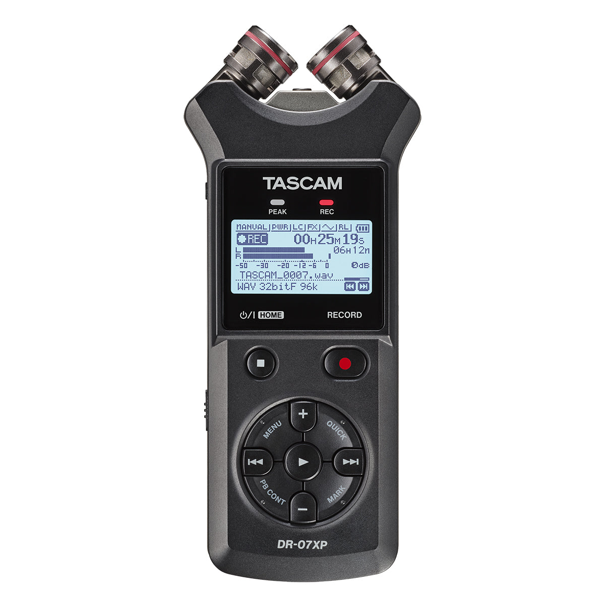 Tascam DR-07X Portable Stereo Recorder with USB-C, adjustable microphones, and 32-bit float recording capabilities.