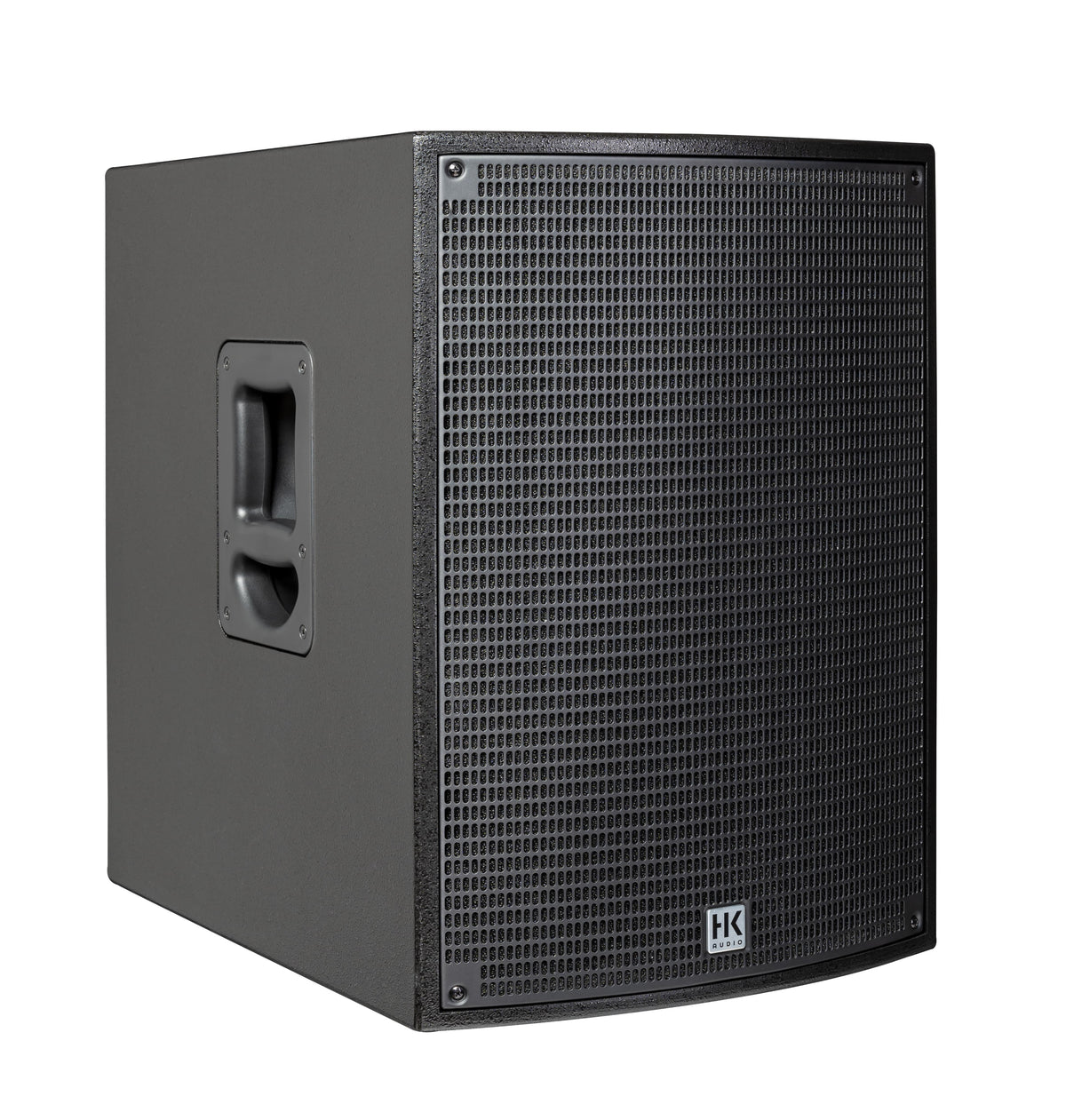 HK Audio SONAR Series 1500-Watt 15-inch powered subwoofer with a slanted design, ideal for powerful bass in professional audio setups.