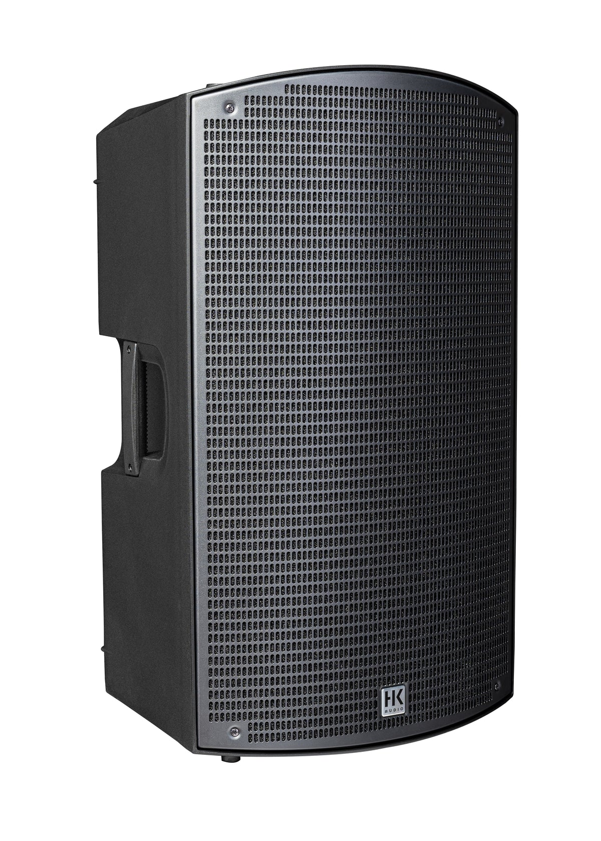 HK Audio SONAR Series 1200-Watt 15-inch powered speaker with slanted design for professional sound reinforcement.