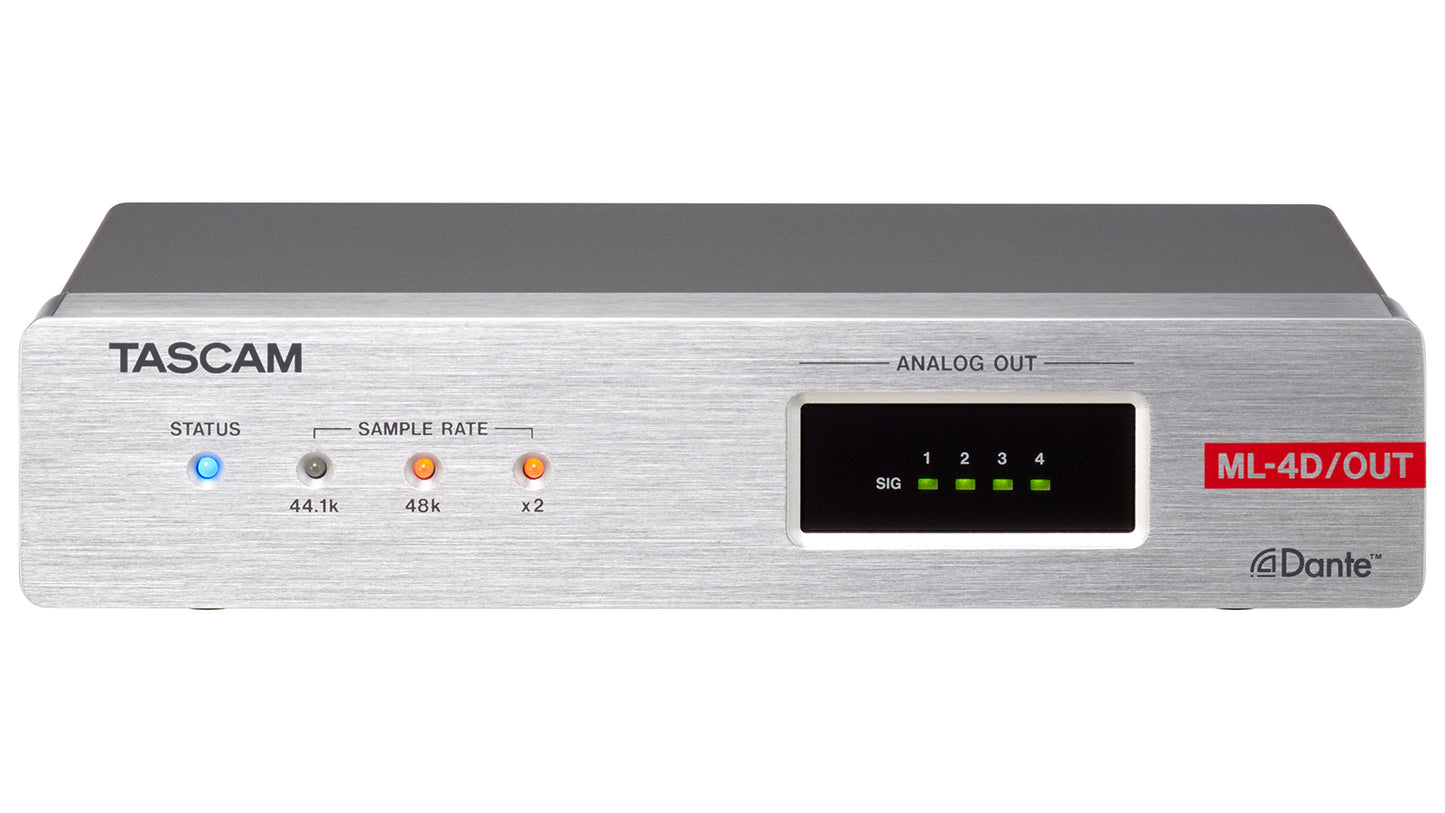 Tascam ML-4D/OUT-X 4-channel Dante line output converter with DSP mixer and XLR connections, used for professional audio processing.