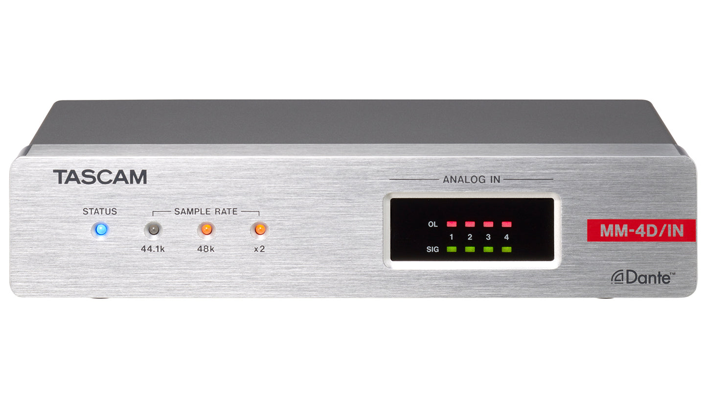Tascam MM-4D/IN-X 4-channel Dante input converter with XLR, DSP mixer, and line/mic inputs for professional audio processing.