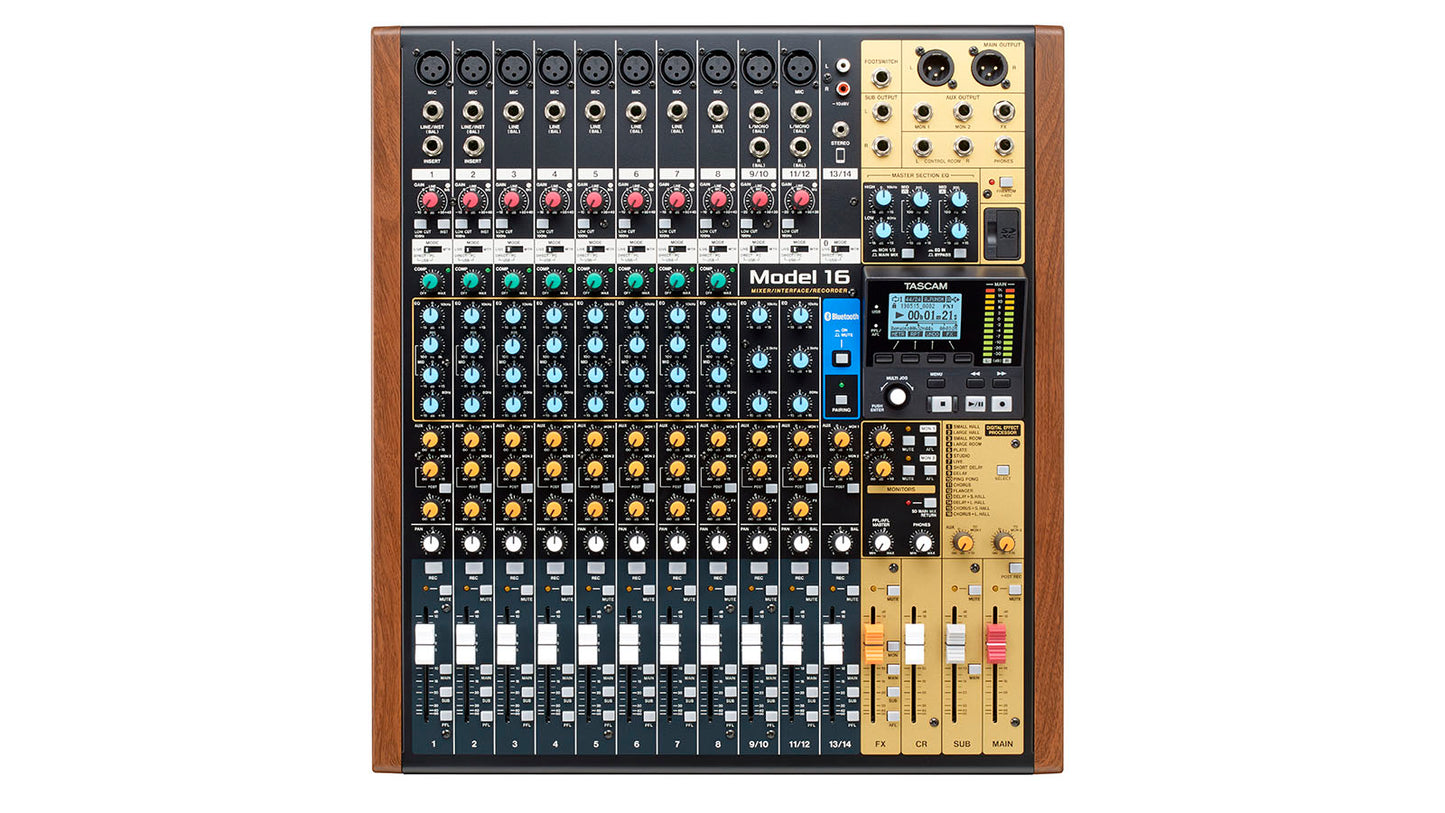 Front view of Tascam 14-channel analogue mixer with built-in 16-track digital recorder, featuring multiple knobs and input channels.