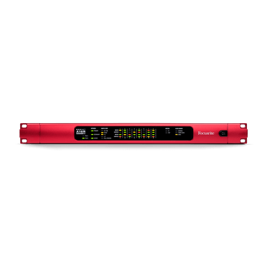 Focusrite Pro RedNet A16R MkII 16x16 Dante audio interface with front panel controls for analog I/O and network connectivity.