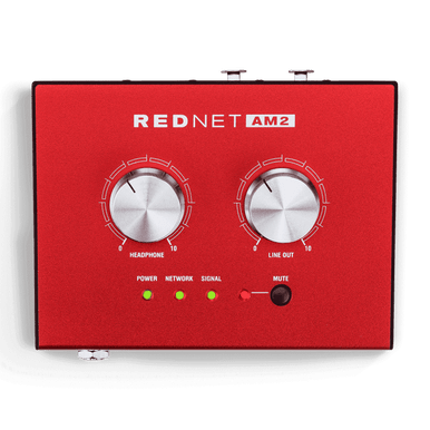 Focusrite Pro RedNet AM2 stereo Dante headphone amp and line out interface with PoE connectivity.