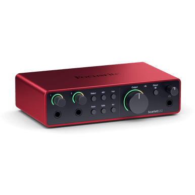 Focusrite Scarlett 2i2 4th Gen USB audio interface with input knobs and LED indicators, part of the Scarlett Series.