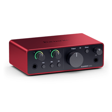 Focusrite Scarlett Solo 4th Gen USB audio interface with Cubase LE included, showing front panel with input and output controls.