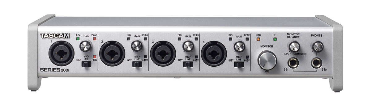 Tascam 20 In 8 Out USB audio and MIDI interface with front panel controls and connection ports for computer music production.