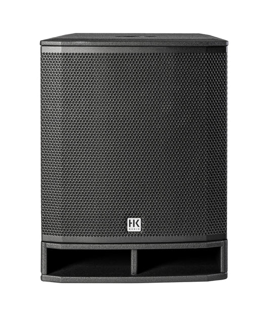 HK Audio LUNAR Series Portable Sub 115 A active subwoofer with 15-inch speaker and 700-watt power, front view showing controls and grille.