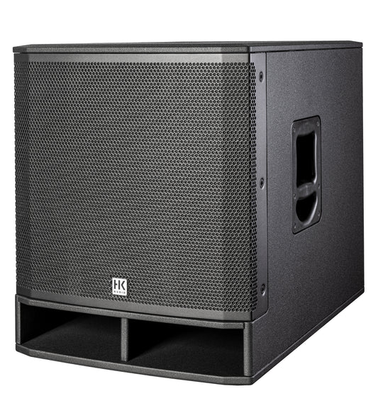 HK Audio LUNAR Series Portable Sub 118 A 700-Watt 18-inch active subwoofer with slanted design for powerful bass.
