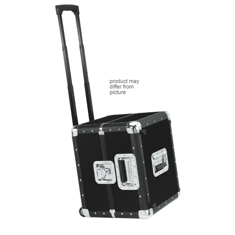 Black Reloop trolley record case with sturdy handle and protective exterior, designed for transporting vinyl records safely.
