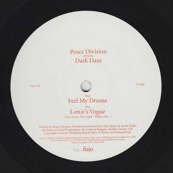 Peace Division Presents Dark Daze - Feel My Drums / Lottie's Vogue (12") (Very Good (VG)) | Rectangle Triangle | Media Condition: Very Good (VG)
Sleeve Condition: Generic


 

Notes:

Produced and mixed for Pea 