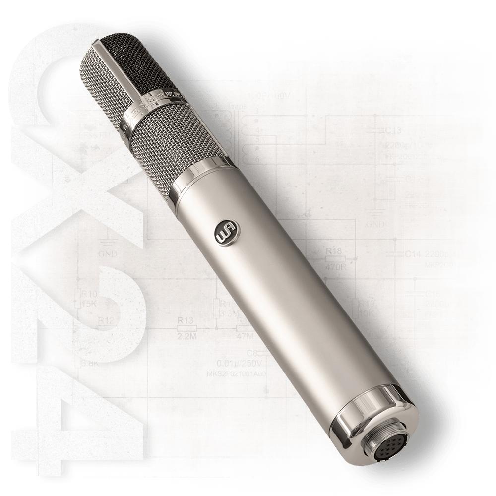 Warm Audio stereo tube condenser microphone shown with vintage-inspired design and dual large diaphragm capsules.